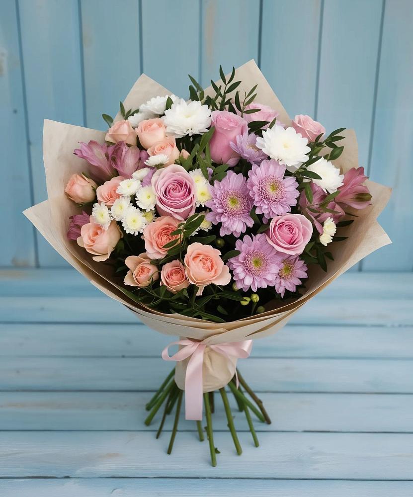 Букет цветов из: Хризантемы, Розы и Альстромерии в Краснооктябрьский