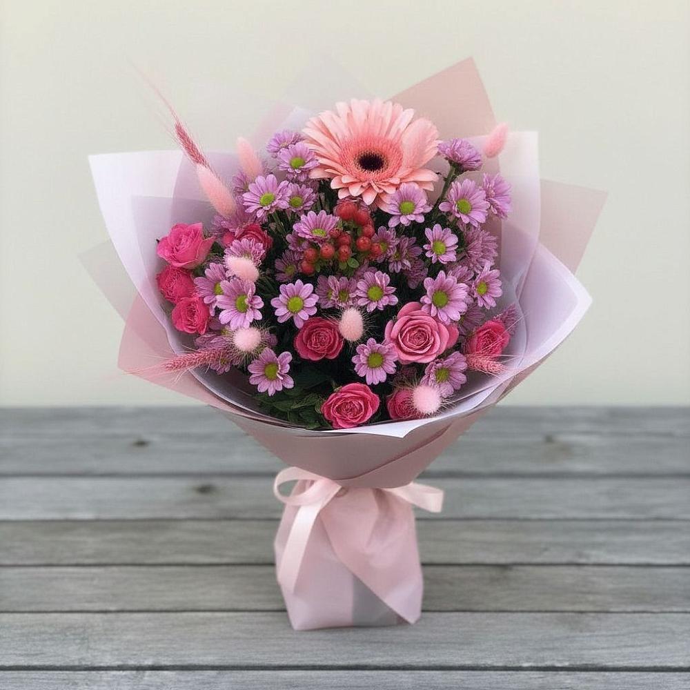Букет цветов из: Розы, Герберы и Хризантемы в Краснооктябрьский