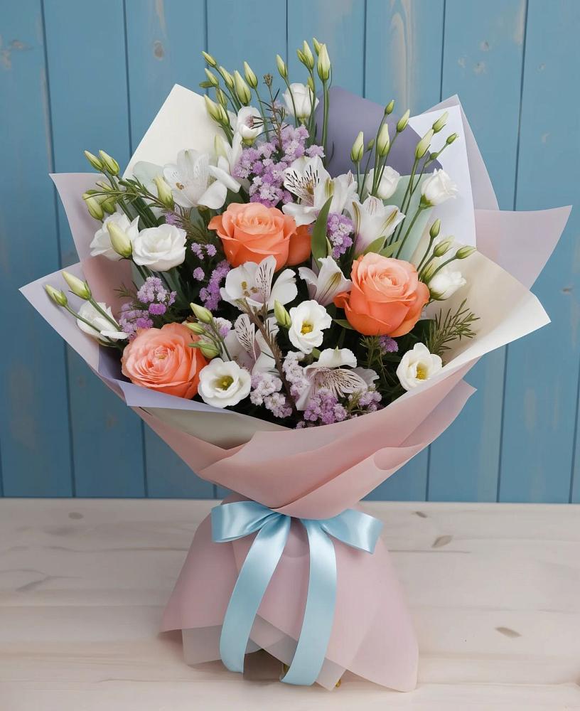 Букет цветов из: Лизиантусы, Розы, Альстромерии и Гипсофила в Краснооктябрьский