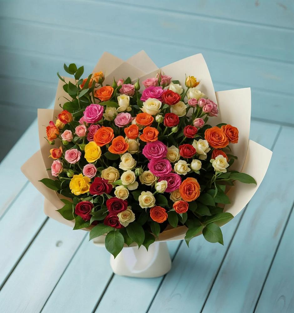Букет Микс из разноцветных кустовых роз в Краснооктябрьский