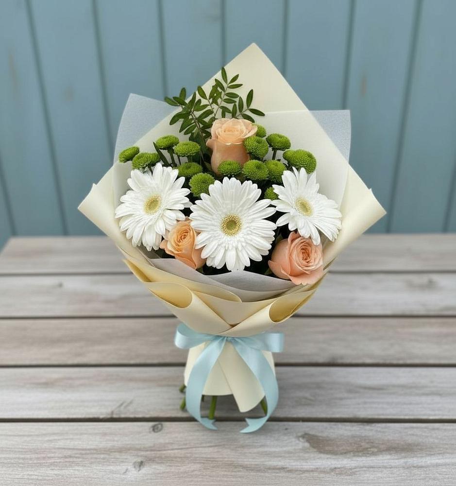 Букет цветов из: Герберы, Розы и Хризантемы в Краснооктябрьский