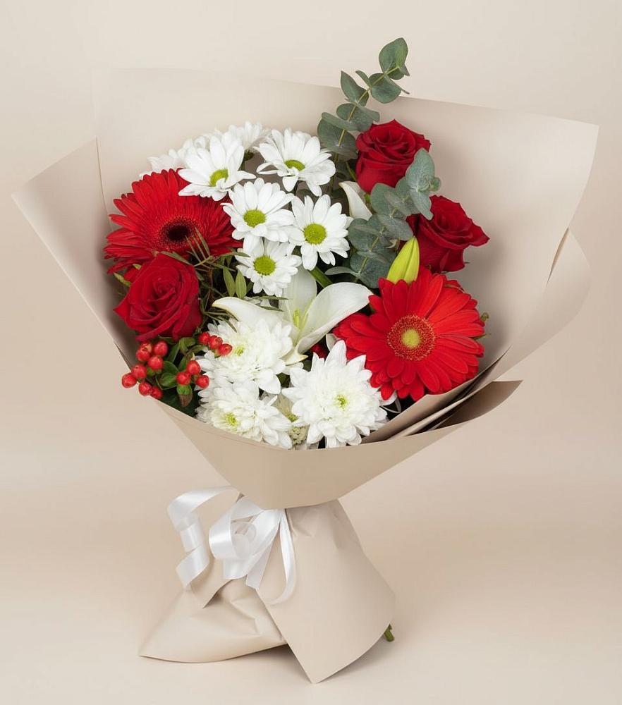 Букет цветов из: Розы, Хризантемы, Герберы и Лилии в Краснооктябрьский