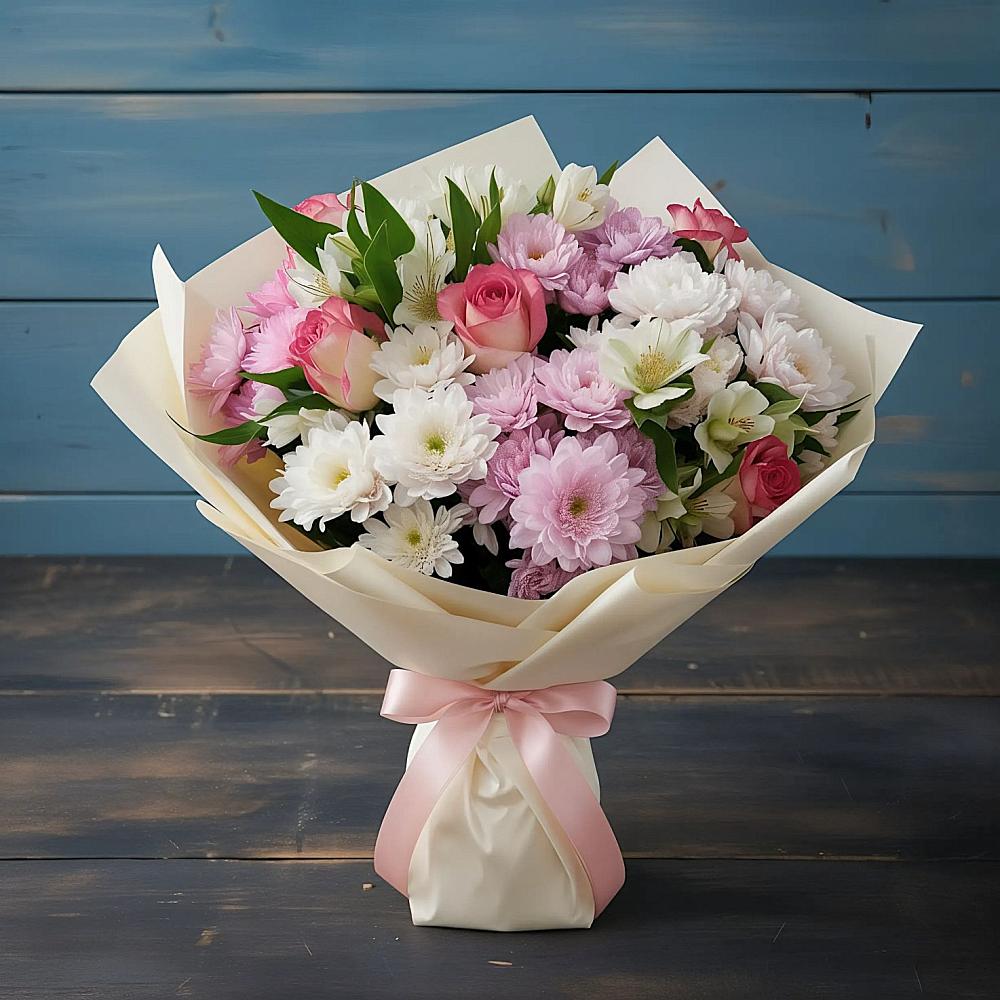 Букет цветов из: Хризантемы, Альстромерии и Розы в Краснооктябрьский